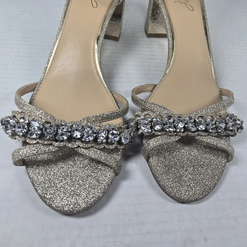 Jewel Badgley Mischka Giona Gold Jeweled Ankle Strap Block Heels Size 8 - Picture 8 of 15